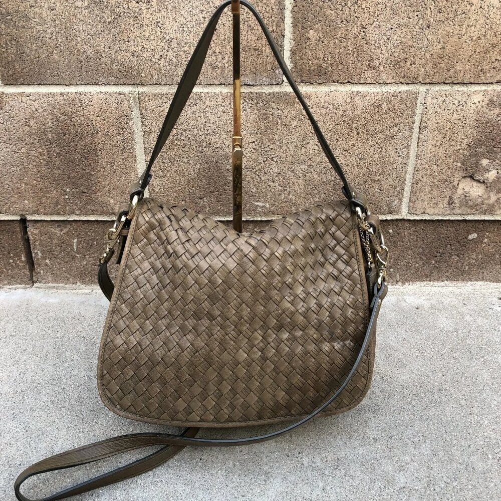 COLE HAAN Woven Weave Messenger Bag Crossbody Purse Army Green Women's Purse​​​​